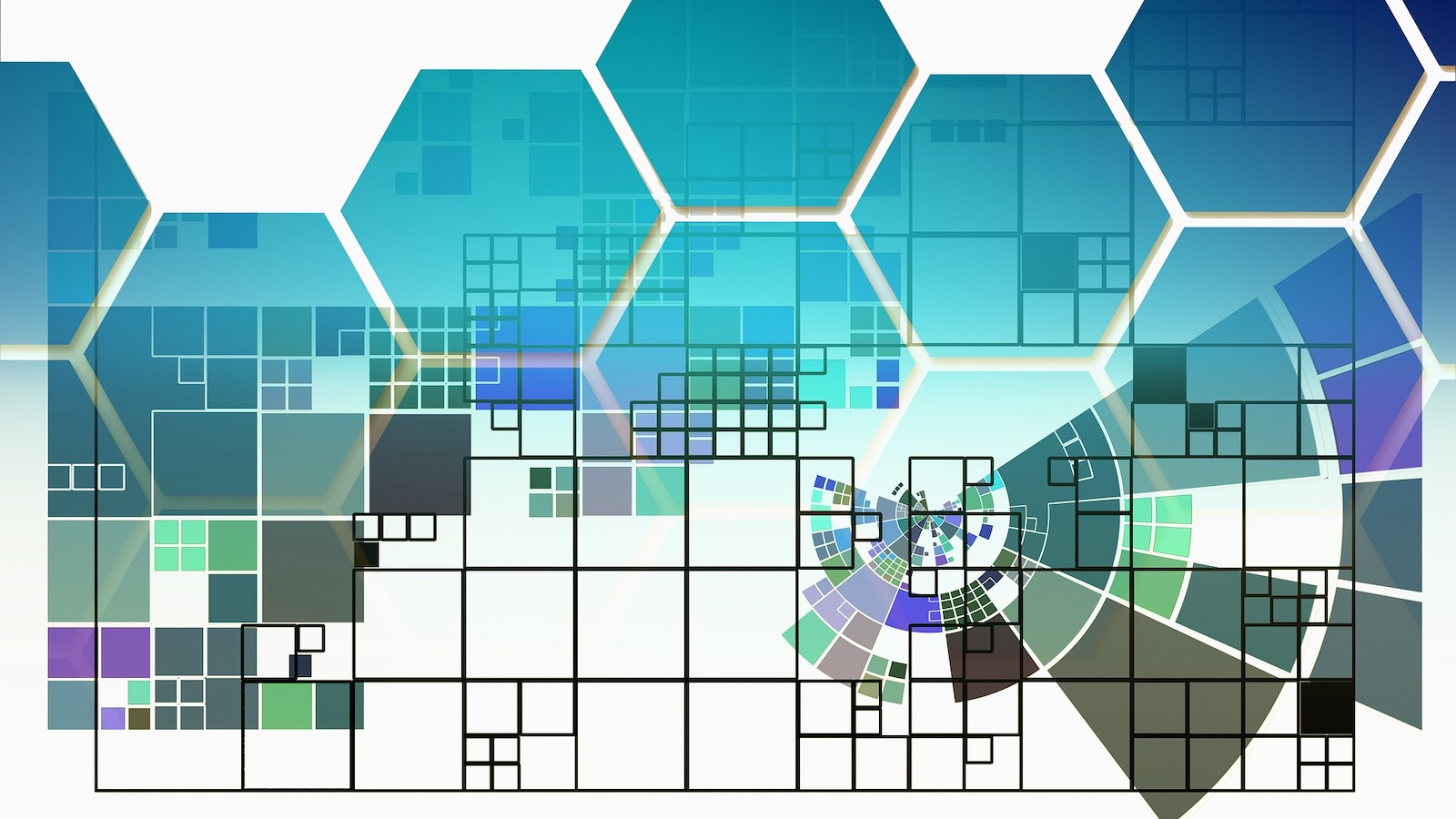Hexagons in the background and squares of various sizes in the foreground