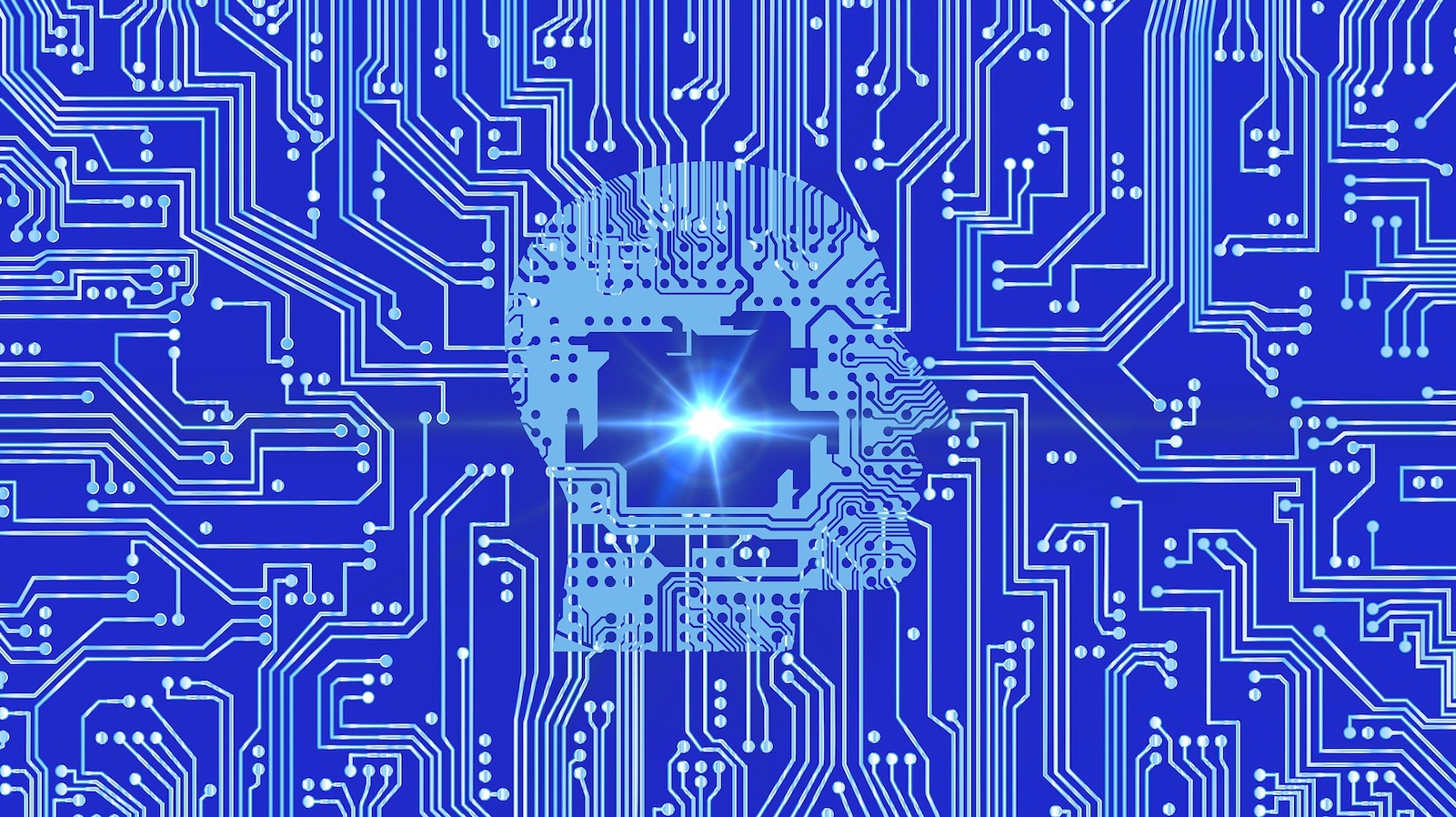 Blue circuit board with an artificial intelligence head overlaid on top