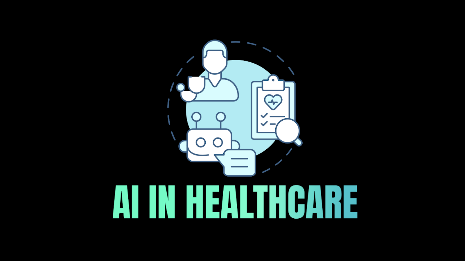 Green and Blue text that reads "AI in Healthcare"