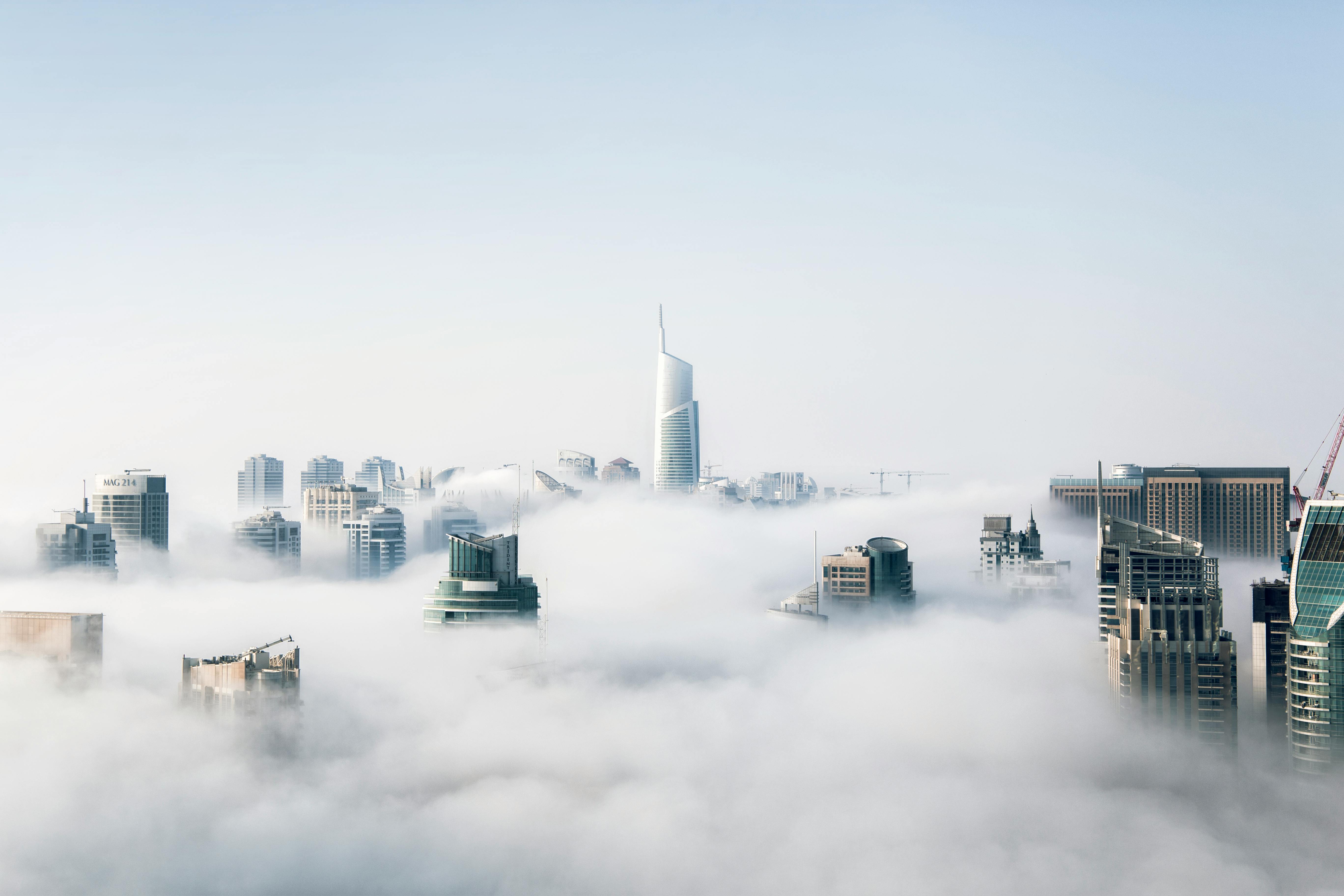 View of Dubai Cityscape With Low Hanging Clouds