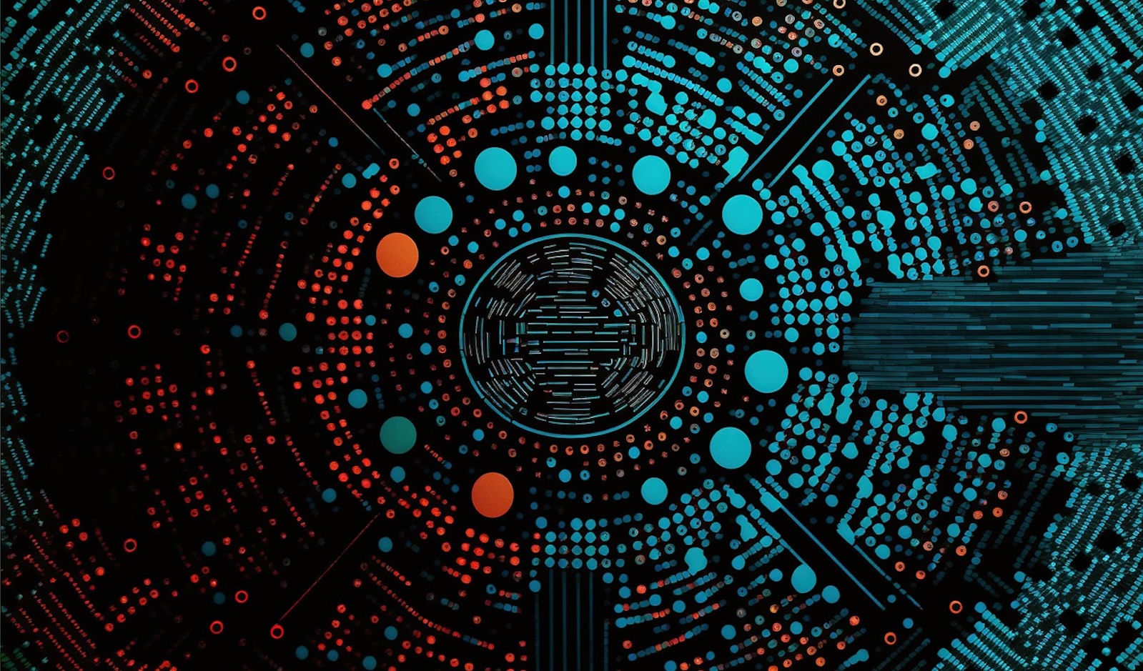 Abstract image representating big data with turquois and red circles of varying sizes surrounding lines in the middle